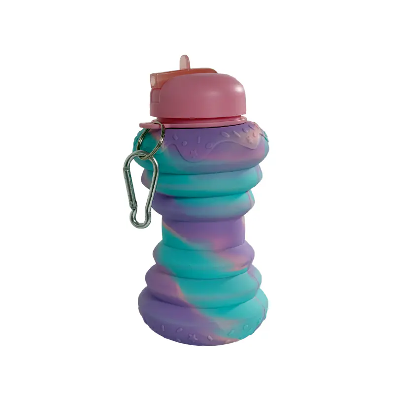 Botella de agua plegable de silicona con pajita y mosquetón al por mayor